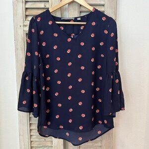 Women's Small Navy Blue Polka dot Bell 3/4 Flare Sleeve Career Casual Blouse